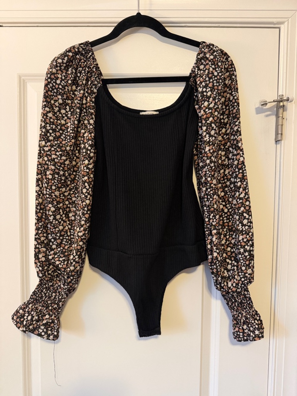 Common Assembly Black Ribbed Bodysuit with Floral Puff Sleeves